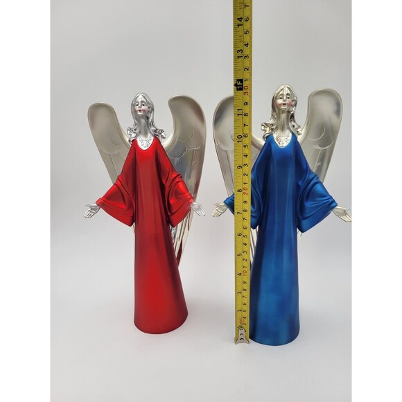 Lot Of 2 Plastic Silver Tone Angel Figurines Red & Blue Table Decorations 12" - Picture 10 of 13
